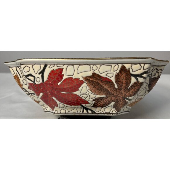 Hand-Painted Ceramic Leaf Bowl 8" x 8" Square With Intricate Pattern - Picture 3 of 5